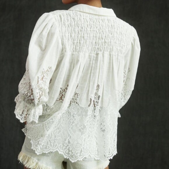 By Anthropologie Victorian Sheer-Lace Blouse Button-Up White - Women's M - Picture 3 of 12